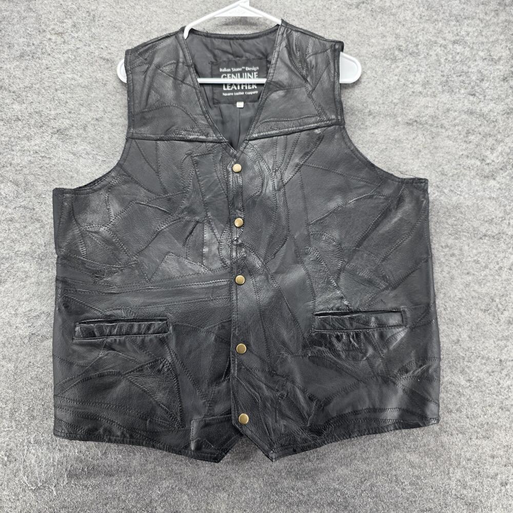 Italian Stone Design Vest Mens XL Black Leather Biker Snap Pockets Lined Short